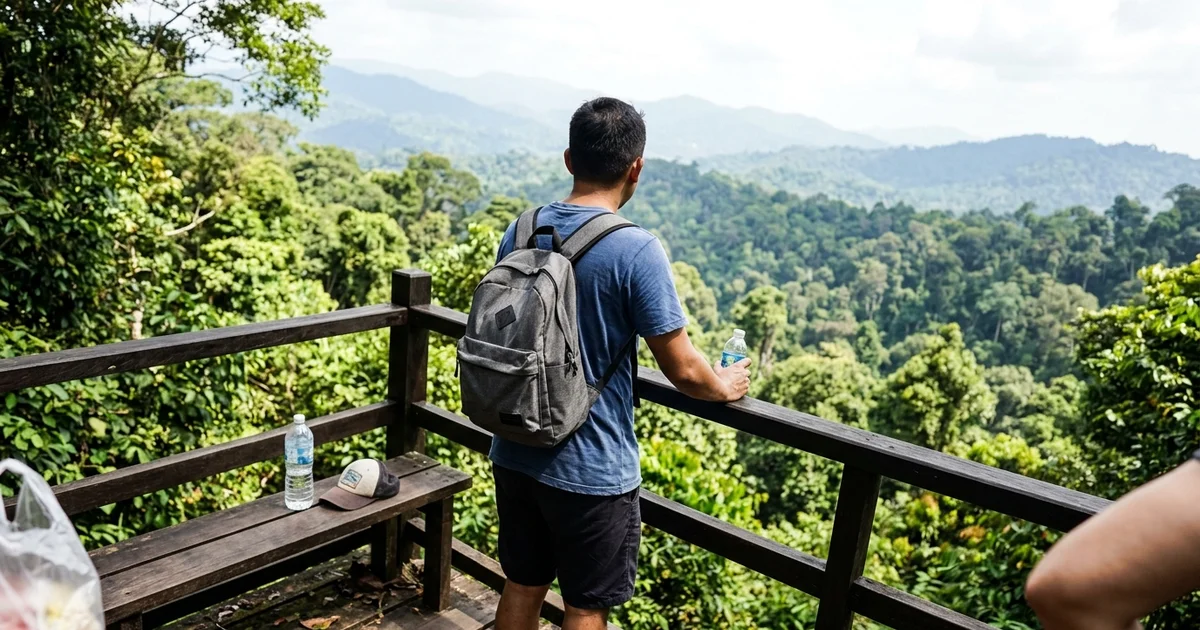 A traveller at a forest viewpoint looking out over the rainforest canopy in the afternoon