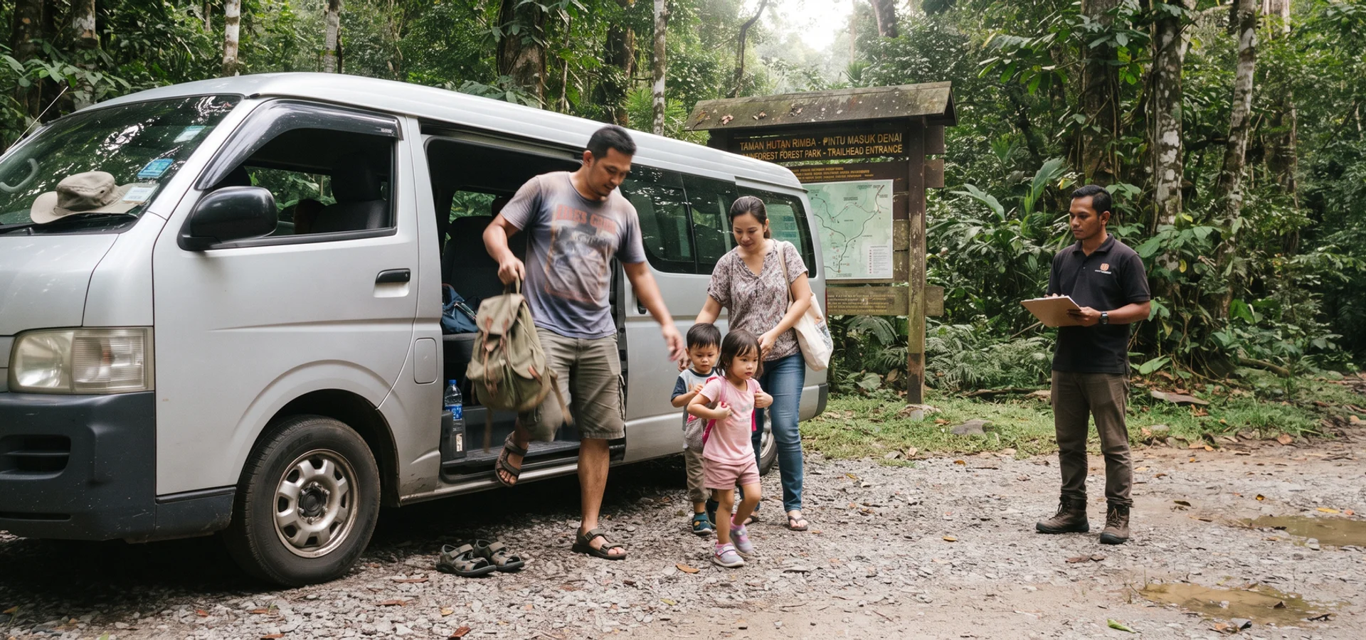 A family stepping out of a private air-conditioned van at a rainforest trailhead