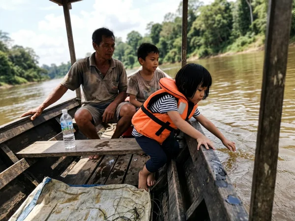 Passengers in life jackets in a wooden longboat on a calm stretch of the Tembeling